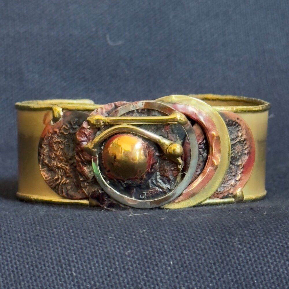 South African Hand-crafted Brass Cuff Bracelet Abstract Red Gold Metal Accents - Picture 13 of 13